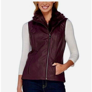 Dennis Basso Merlot Faux Leather Moto Vest Faux Fur Collar S